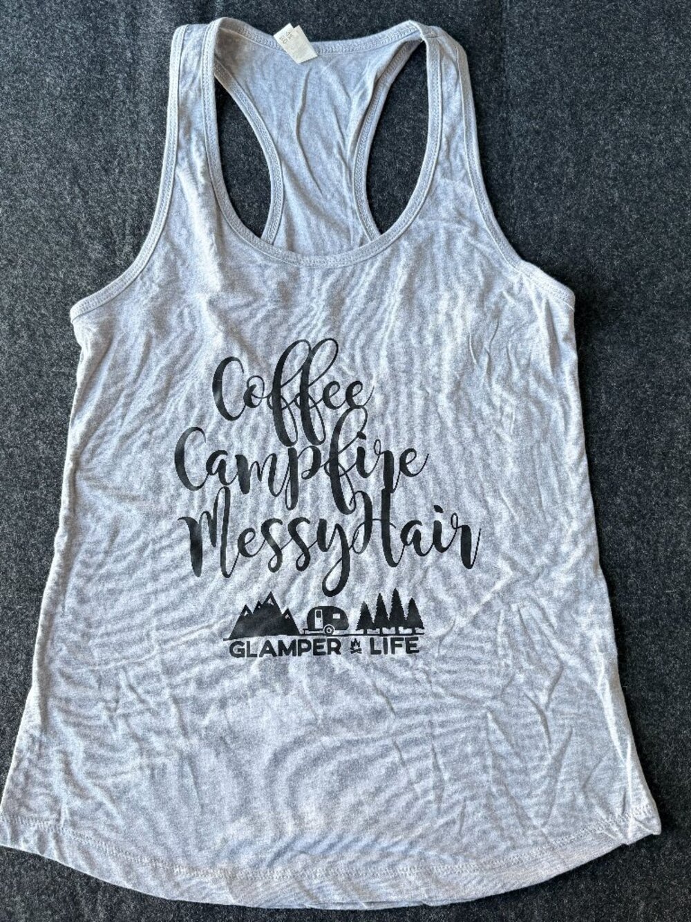 Camping Tank Top Coffee Campfire Messy Hair Racerback Large